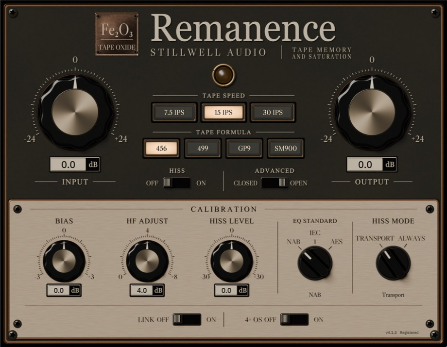 Remanence 4.1.3 with the Advanced calibration panel open, showing Bias, HF Adjust, Hiss Level, EQ Standard, and Hiss Mode controls.